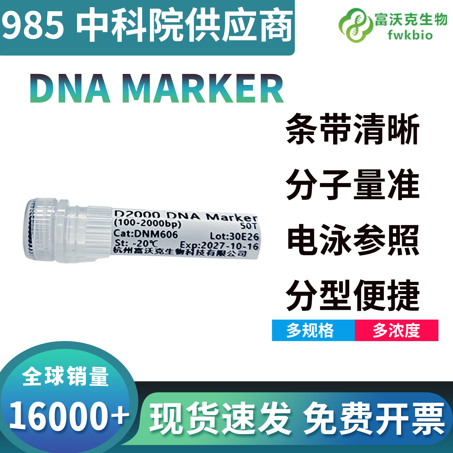 宽量程全覆盖 DNA Marker 分子量标准品，大小片段完整分离，适配长短片段同步检测多场景科研试剂